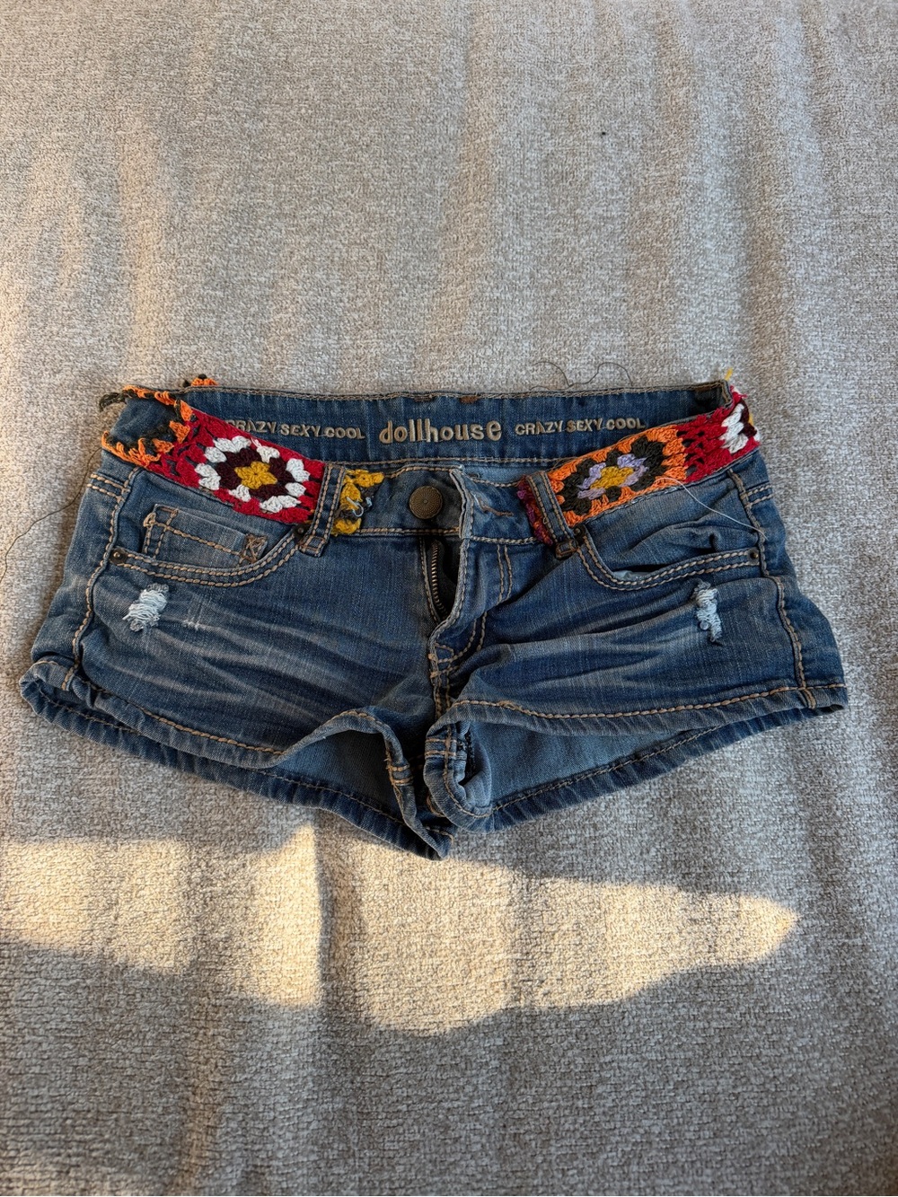 Dollhouse Blue Denim Low-Rise Shorts with Red & Orange Woven Waistband
